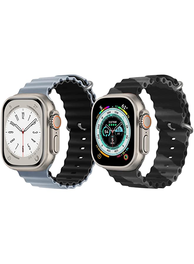 vesus Silicone Ocean Band Strap for Apple Watch Ultra 8 49mm Light Blue/Black Double Side Strap with Black/Gray Double Line Strap Set of 2