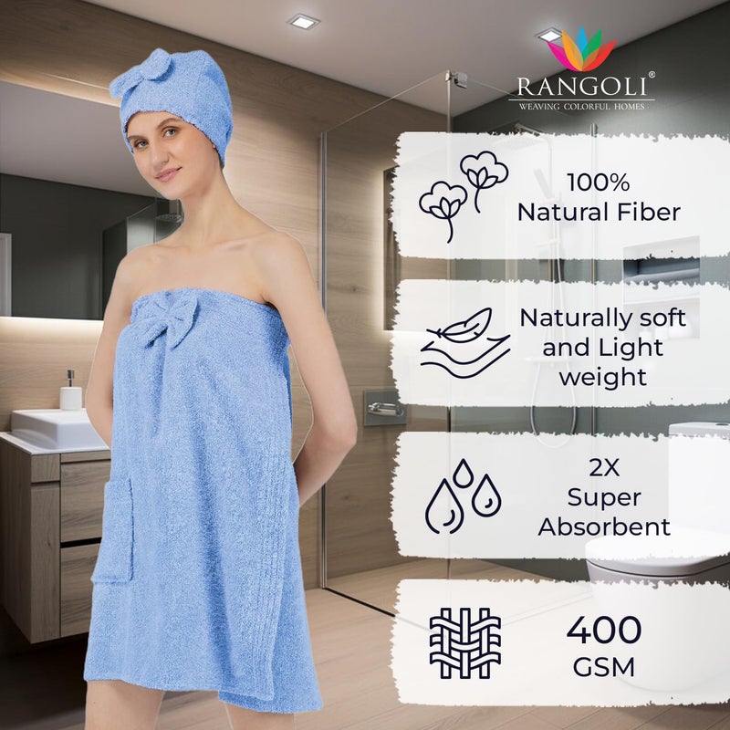 Rangoli 100% Cotton Bath Wrap Towel for Women with Microfiber Shower Cap - Ultra-Soft, Absorbent Spa and Shower Robes (Large, Blue) - Image 2