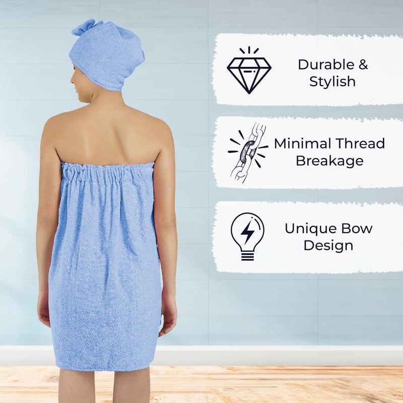 Rangoli 100% Cotton Bath Wrap Towel for Women with Microfiber Shower Cap - Ultra-Soft, Absorbent Spa and Shower Robes (Large, Blue) - Image 3