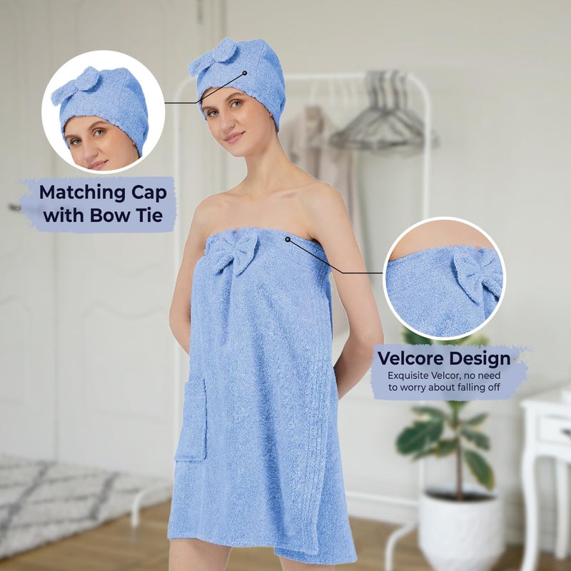 Rangoli 100% Cotton Bath Wrap Towel for Women with Microfiber Shower Cap - Ultra-Soft, Absorbent Spa and Shower Robes (Large, Blue) - Image 5