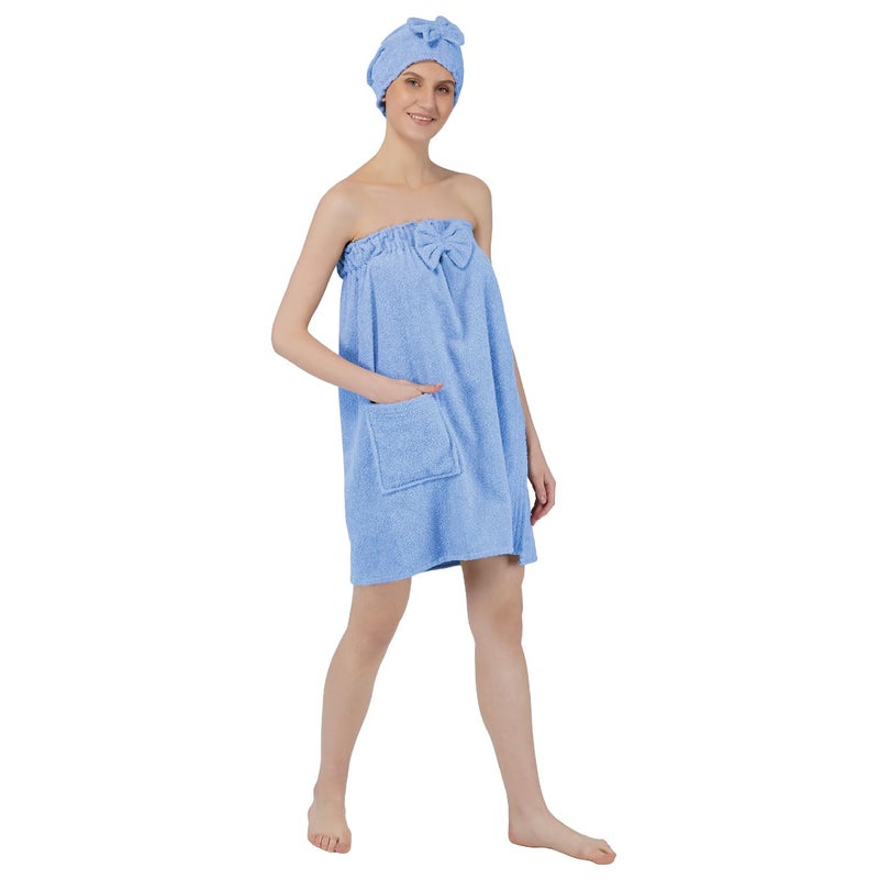 Rangoli 100% Cotton Bath Wrap Towel for Women with Microfiber Shower Cap - Ultra-Soft, Absorbent Spa and Shower Robes (Large, Blue) - Image 1