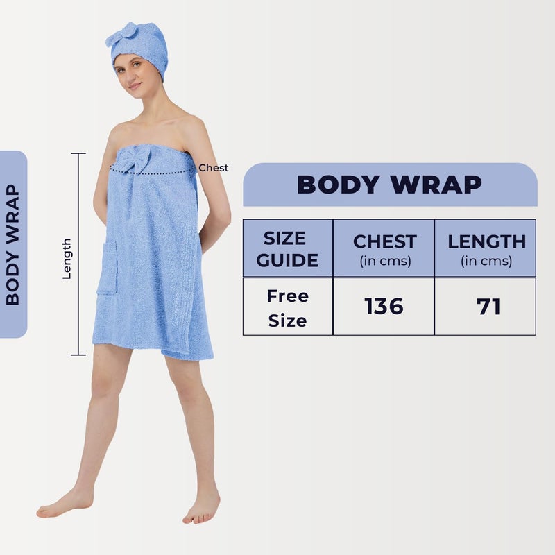 Rangoli 100% Cotton Bath Wrap Towel for Women with Microfiber Shower Cap - Ultra-Soft, Absorbent Spa and Shower Robes (Large, Blue) - Image 4