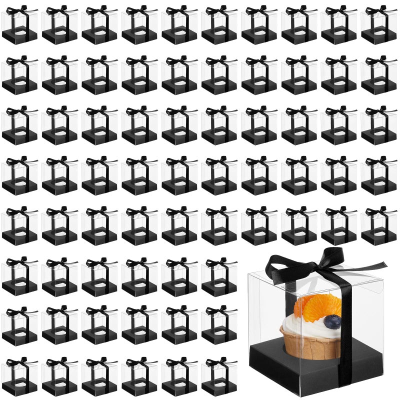 96 Pieces Individual Cupcake Boxes Single Cupcake Container Clear Cupcake Carrier Plastic Cupcake Storage Cupcake Holder with Ribbon and Insert for Wedding Birthday Party Favor 35 x 35 x 35Black
