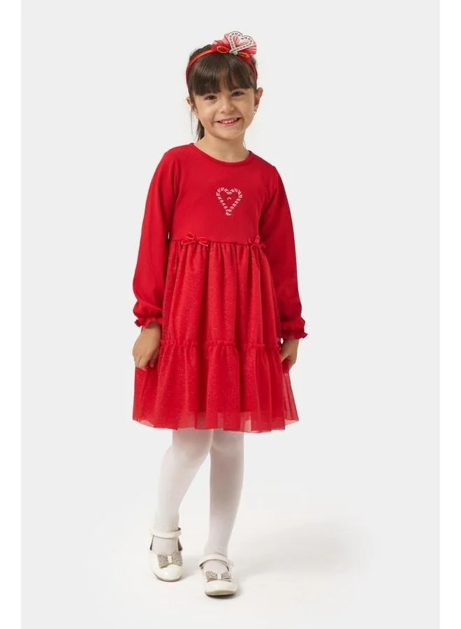 Magu Girls' Cotton Tulle Dress with Red Candy Cane Heart Pattern - Ruffled Shimmery Skirt Detail.