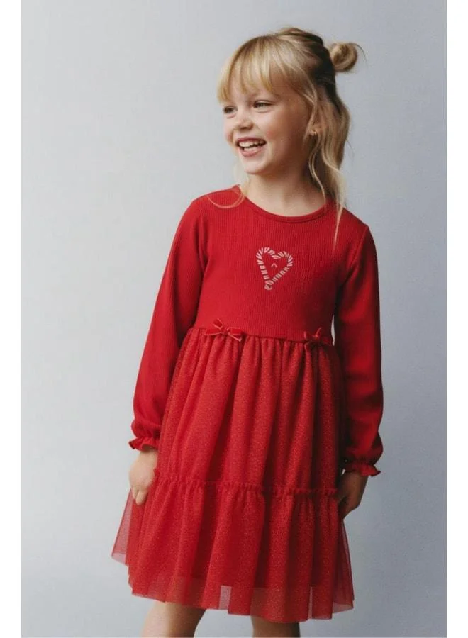 Magu Girls' Cotton Tulle Dress with Red Candy Cane Heart Pattern - Ruffled Shimmery Skirt Detail.