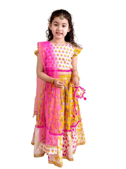 Pspeaches Girls Cotton Yellow White Printed Ready To Wear Readymade Lehenga Set Blouse With Dupatta (Yellow-2-3Y), 2-3 Years - Image 1
