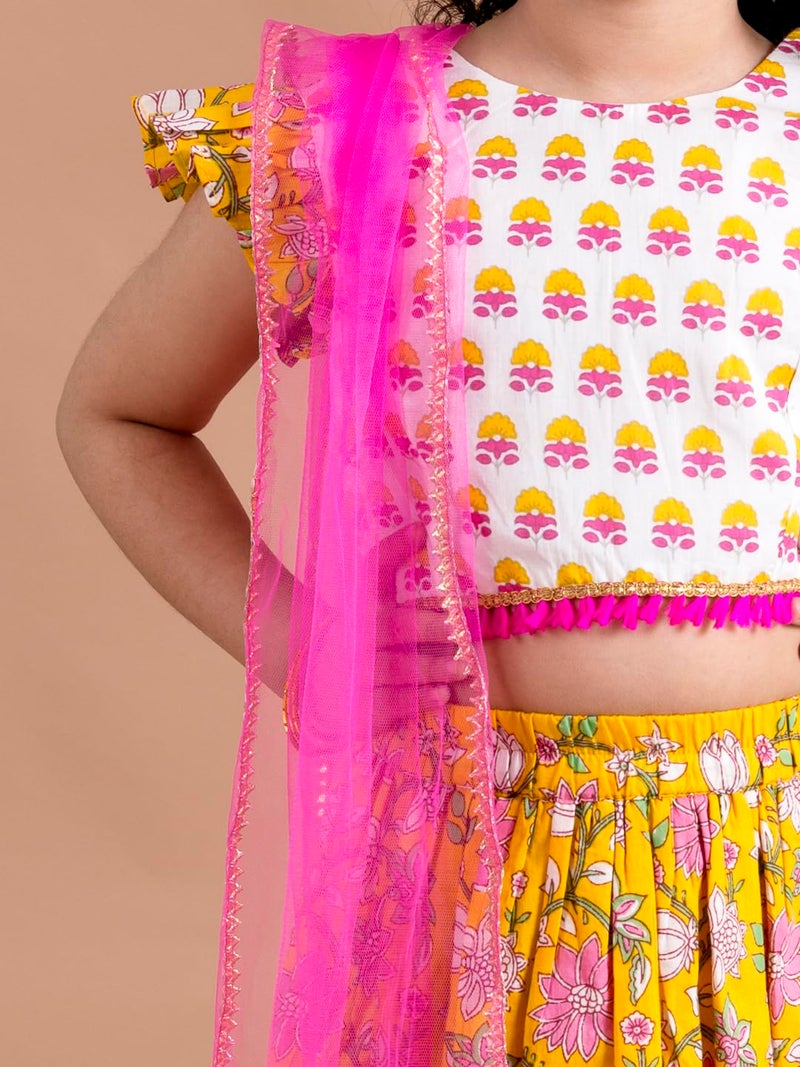 Pspeaches Girls Cotton Yellow White Printed Ready To Wear Readymade Lehenga Set Blouse With Dupatta (Yellow-2-3Y), 2-3 Years - Image 2