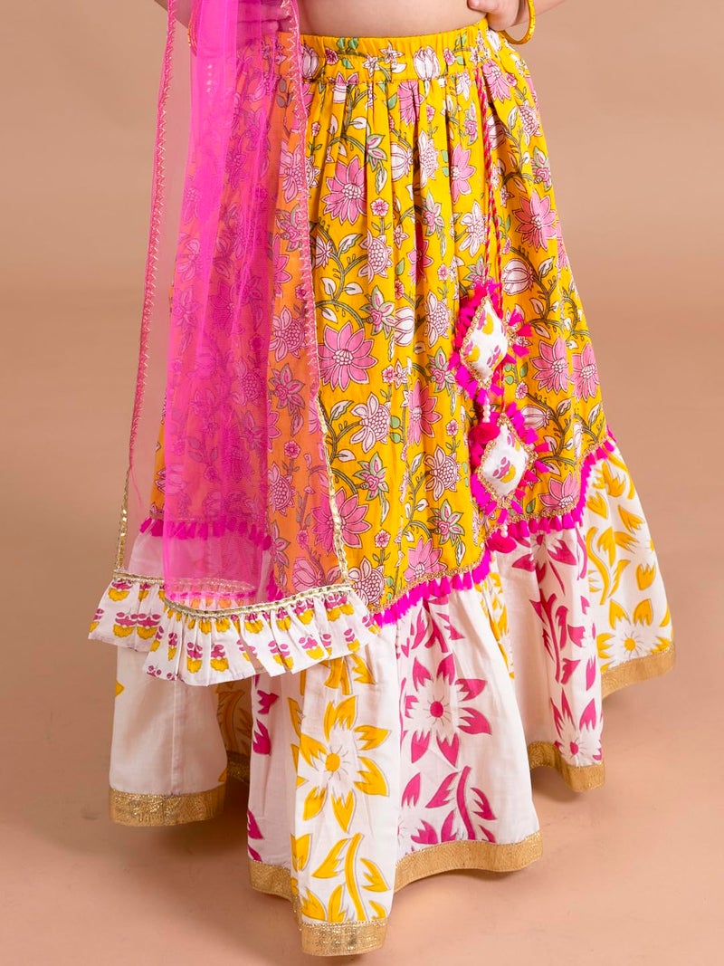 Pspeaches Girls Cotton Yellow White Printed Ready To Wear Readymade Lehenga Set Blouse With Dupatta (Yellow-2-3Y), 2-3 Years - Image 3