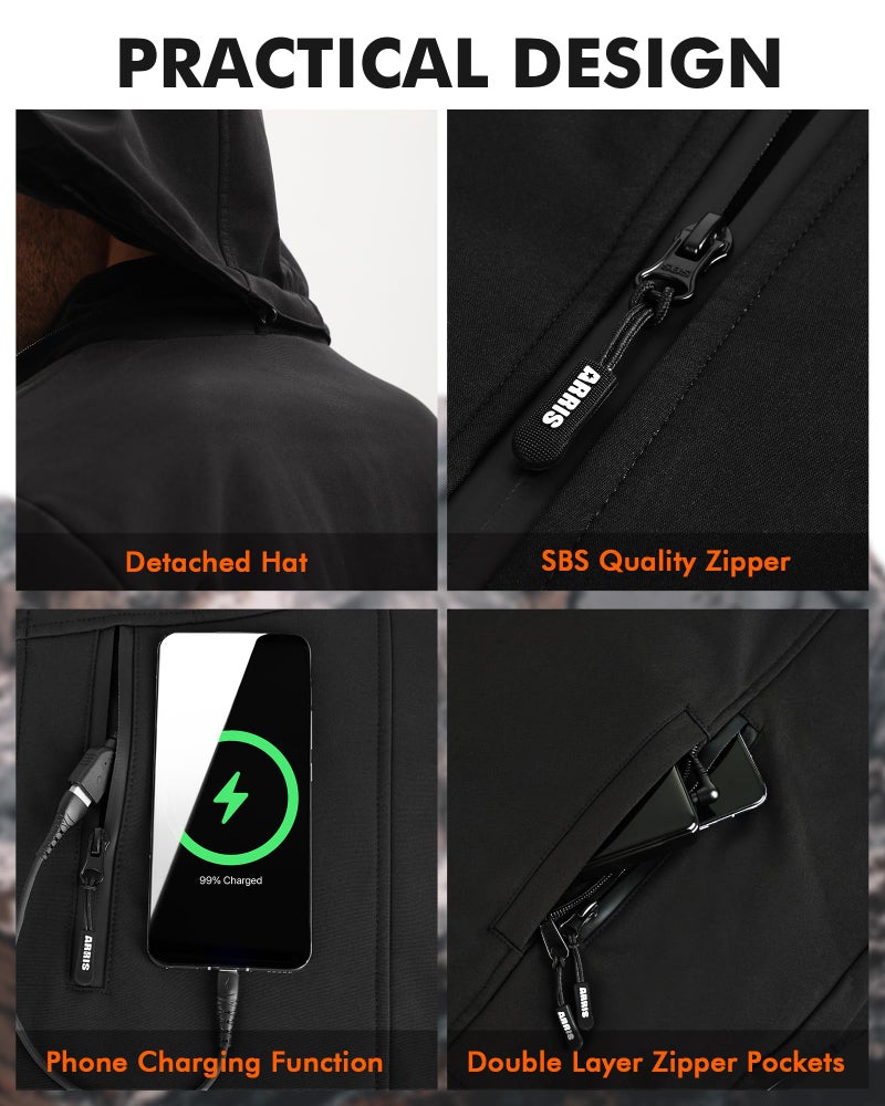ARRIS Men`s Heated Jacket, Electric Heating Coat with 7.4V Battery and Detachable Hood - Waterproof, 8 Heating Areas - Image 4