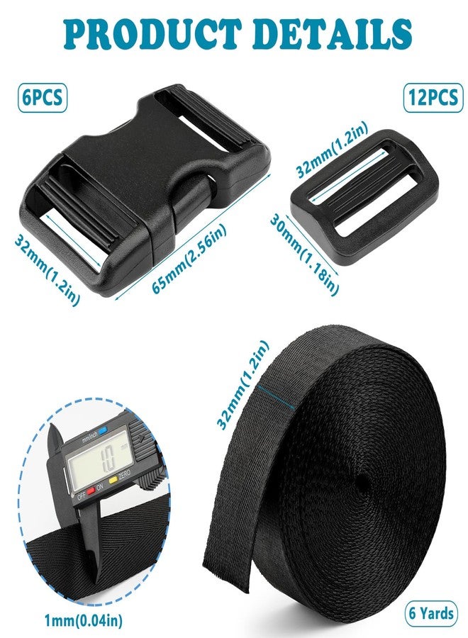 MELORDY Buckle Straps Set 1-1/4'' - 6 Yards Nylon Webbing 1.25 inch, 6 PCS Dual Side Release Buckles, 12 PCS Tri-Glide Sliders, Heavy Duty Dual Adjustable No Sewing Kit - Image 2