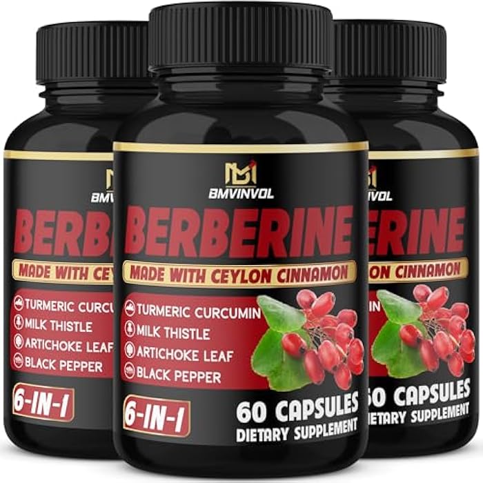 BMVINVOL (3 Packs) Berberine Supplement Plus Ceylon Cinnamon, Milk Thistle, Turmeric, Artichoke Leaf, Black Peppe - 6 Month Supply - 180 Capsules Total - Image 1