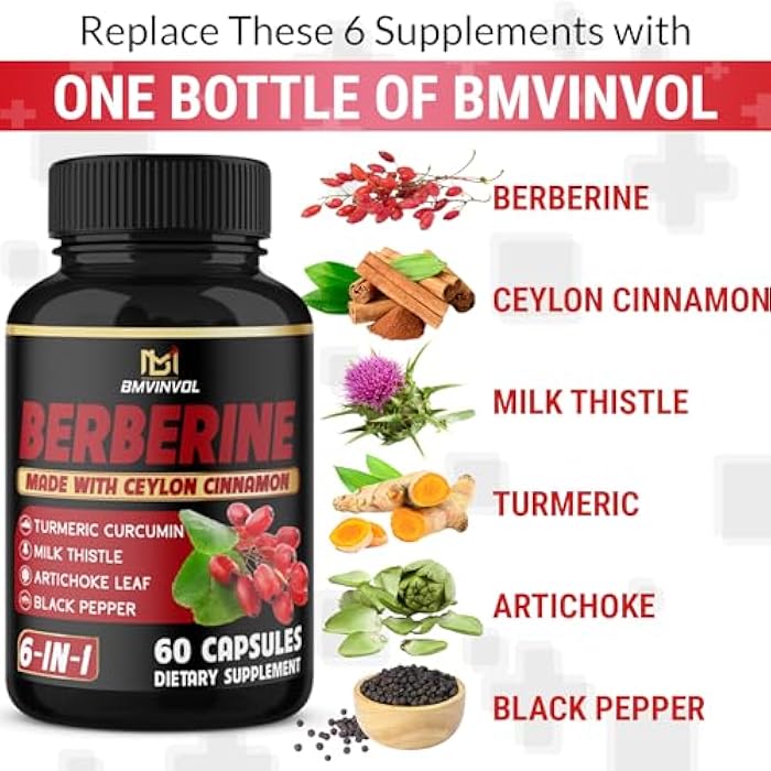 BMVINVOL (3 Packs) Berberine Supplement Plus Ceylon Cinnamon, Milk Thistle, Turmeric, Artichoke Leaf, Black Peppe - 6 Month Supply - 180 Capsules Total - Image 5