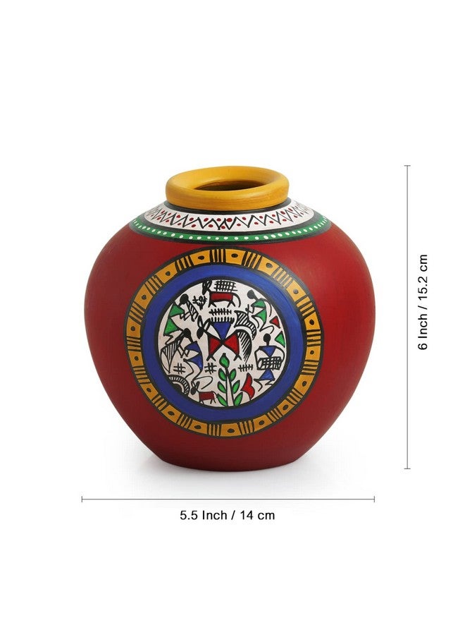 ExclusiveLane 6 Inch Terracotta Handpainted Warli Matki Shaped Flower Vase in Red - Flower Vases for Home Decor Flower Pots for Home Decoration Showpiece Office Décor Decorative Gift Item - Image 4