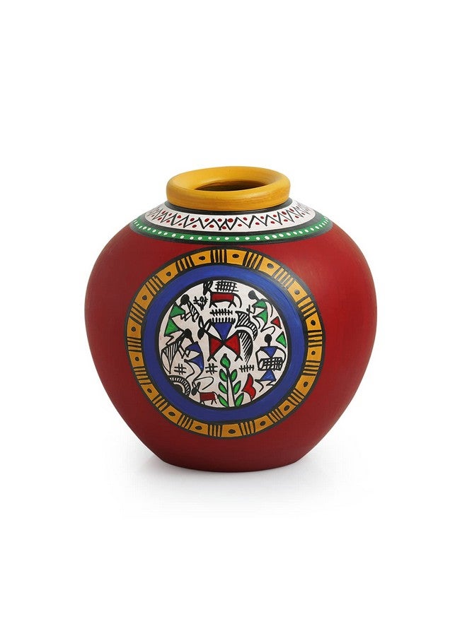 ExclusiveLane 6 Inch Terracotta Handpainted Warli Matki Shaped Flower Vase in Red - Flower Vases for Home Decor Flower Pots for Home Decoration Showpiece Office Décor Decorative Gift Item - Image 2