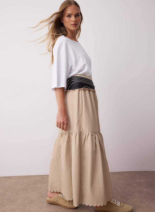 trendyol Beige Unlined Plain Woven Skirt with Hem Detail Woven Skirt - Image 2