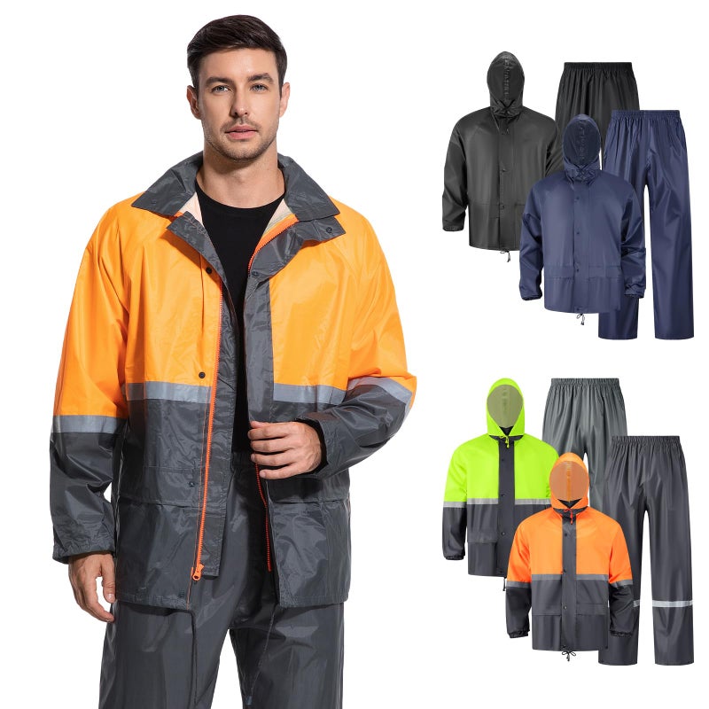 VUVEA Men's Lightweight Waterproof Rain Suit - Reflective Jacket & Pants with Hood for Outdoor Work, Fishing, Hiking - Image 2