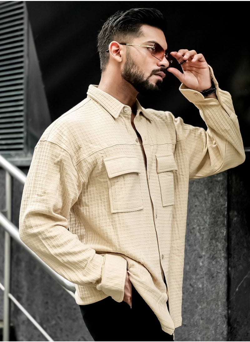 Maniac Maniac Mens Solid Textured Half Sleeve Beige Cotton Blend Jacquard Fabric Shirt  - Image 3
