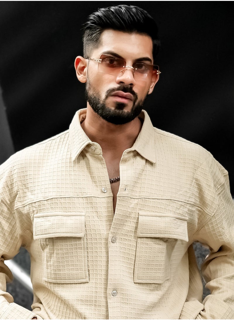 Maniac Maniac Mens Solid Textured Half Sleeve Beige Cotton Blend Jacquard Fabric Shirt  - Image 1