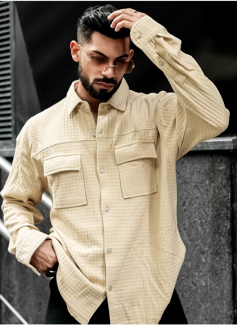 Maniac Maniac Mens Solid Textured Half Sleeve Beige Cotton Blend Jacquard Fabric Shirt  - Image 2