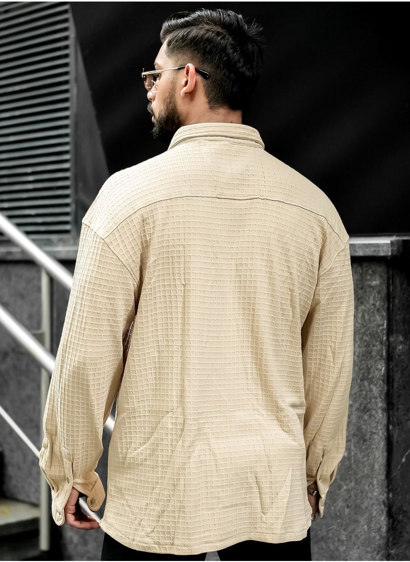 Maniac Maniac Mens Solid Textured Half Sleeve Beige Cotton Blend Jacquard Fabric Shirt  - Image 4