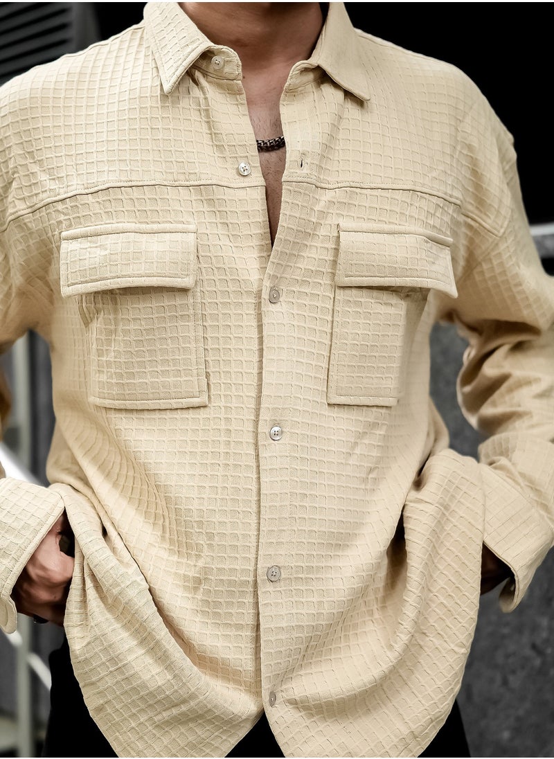 Maniac Maniac Mens Solid Textured Half Sleeve Beige Cotton Blend Jacquard Fabric Shirt  - Image 5