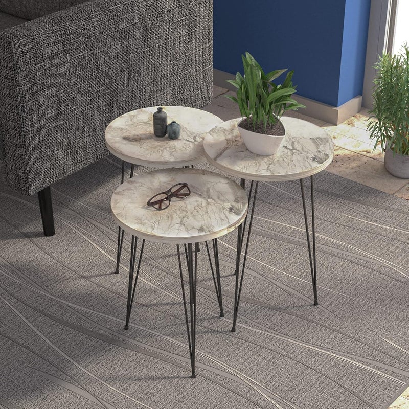 PAK HOME Set of 3 White Marble Nesting End Tables Round Wood Stacking Coffee Side Accent Table with Metal Legs for Living Room, Home Office, Nightstands for Bedroom - Image 1