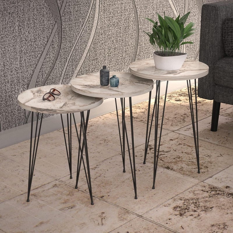 PAK HOME Set of 3 White Marble Nesting End Tables Round Wood Stacking Coffee Side Accent Table with Metal Legs for Living Room, Home Office, Nightstands for Bedroom - Image 2