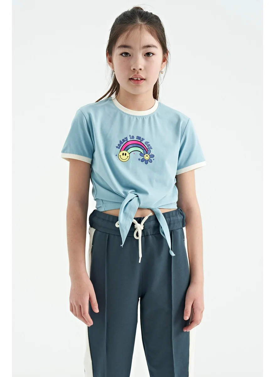 Tommy Life Light Blue Print Detailed O Neck Multicolored Tie Detailed Girls T-Shirt - 75113