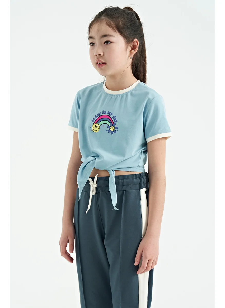 Tommy Life Light Blue Print Detailed O Neck Multicolored Tie Detailed Girls T-Shirt - 75113