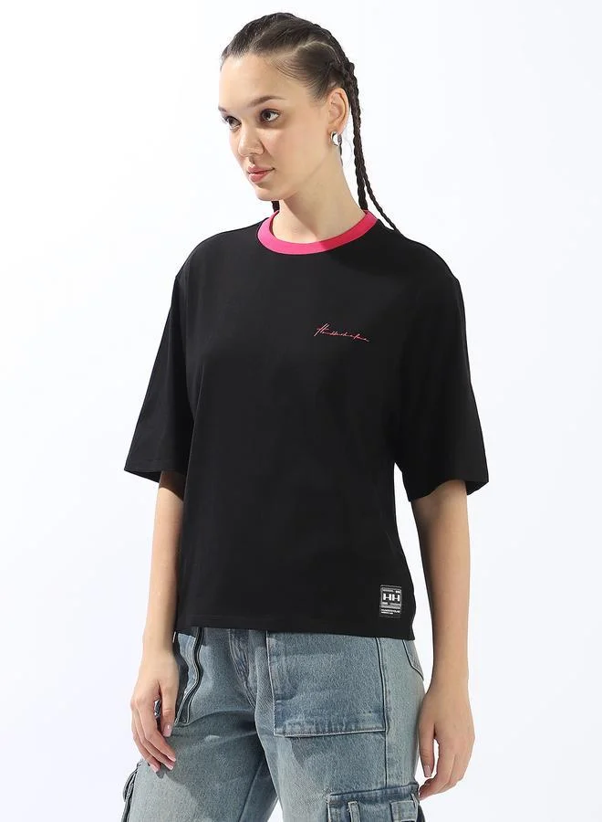 Hubberholme black Women's Black 100% Cotton Solid Oversized T-Shirt for Women | Best Price UAE