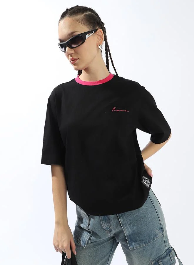 Hubberholme black Women's Black 100% Cotton Solid Oversized T-Shirt for Women | Best Price UAE