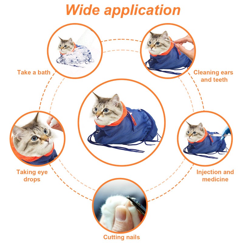 Catcan Breathable Mesh Anti Scratch Adjustable Cat Grooming Bag for Nail Trimming, Bathing - Polyester Soft Cat Washing Bag (Blue-Orange) - Image 4