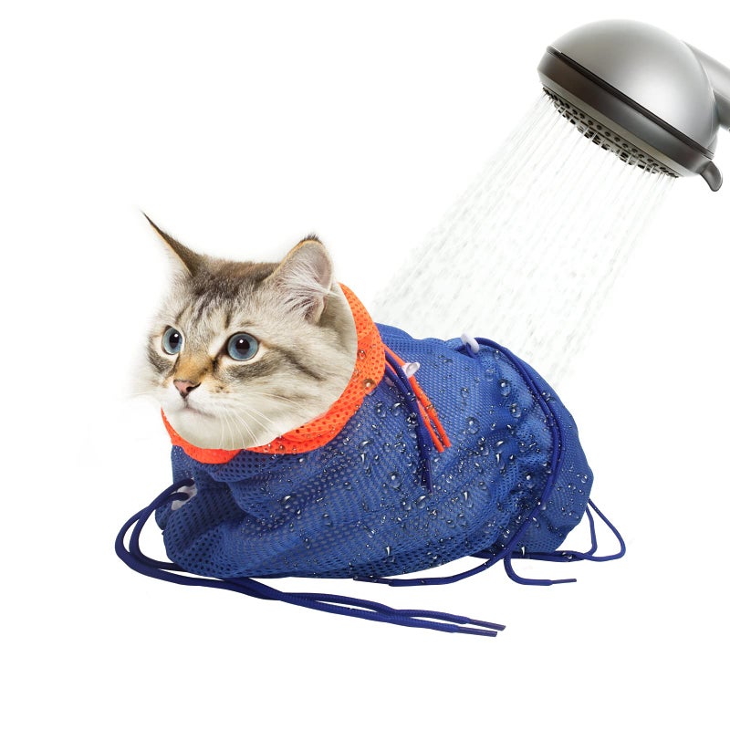 Catcan Breathable Mesh Anti Scratch Adjustable Cat Grooming Bag for Nail Trimming, Bathing - Polyester Soft Cat Washing Bag (Blue-Orange) - Image 1