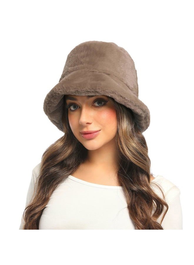 Umeepar Winter Faux Fur Fuzzy Bucket Hat Fluffy Furry Warm Hat for Women, Khaki, One Size - Image 3