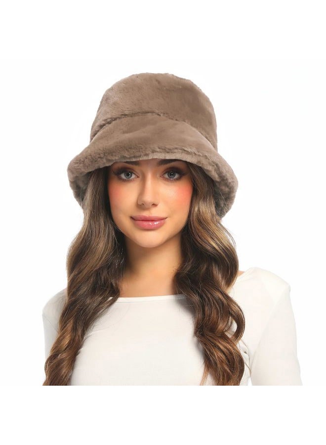 Umeepar Winter Faux Fur Fuzzy Bucket Hat Fluffy Furry Warm Hat for Women, Khaki, One Size - Image 2