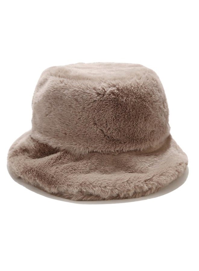 Umeepar Winter Faux Fur Fuzzy Bucket Hat Fluffy Furry Warm Hat for Women, Khaki, One Size - Image 1