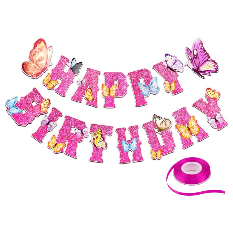 Propsicle Butterfly Theme Happy Birthday Banner Pink Glitter For Girls Princess Party Backdrop Decoration Kids Party Supplies - Image 1