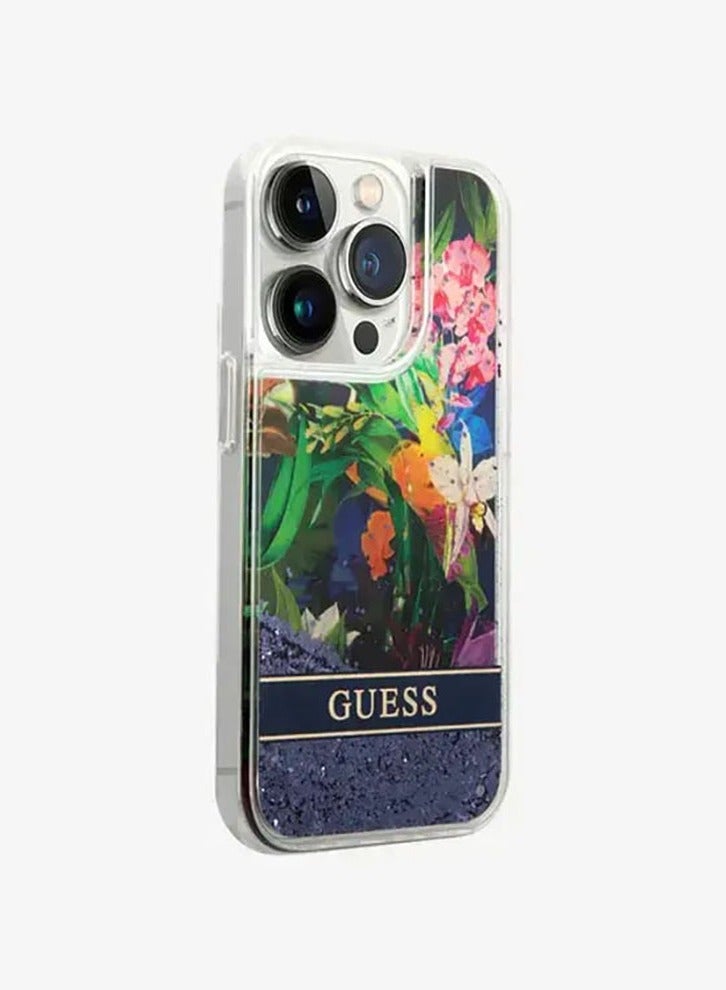 GUESS iPhone 15 Pro Max Case HC Liquid Glitter Back Cover with Flower Pattern / Drop & Bumper Protection - Blue - Image 3