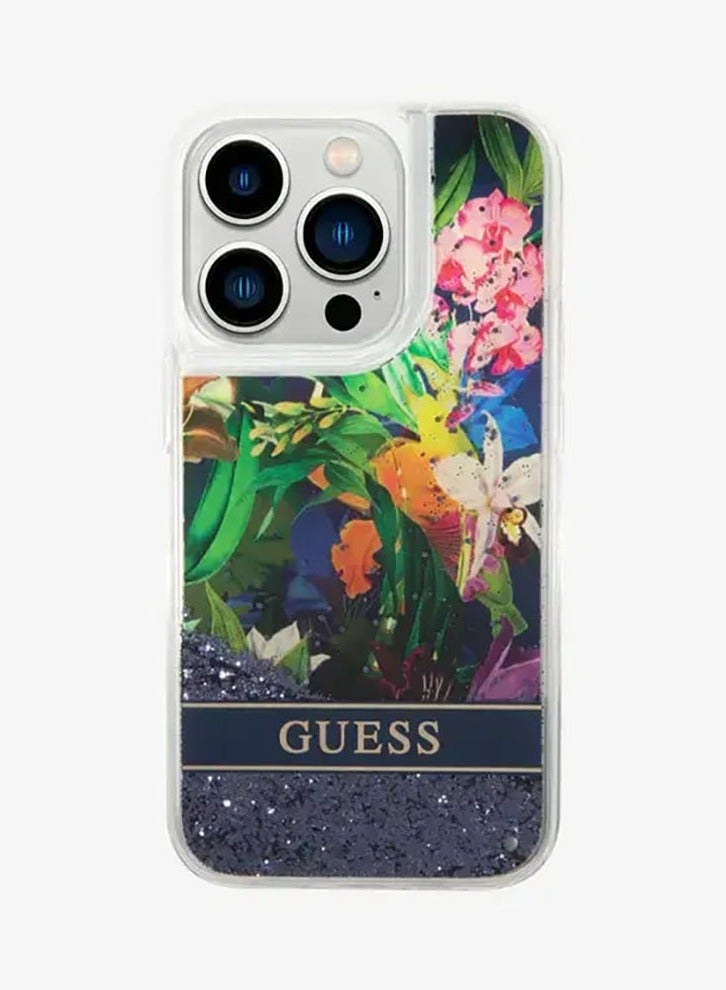 GUESS iPhone 15 Pro Max Case HC Liquid Glitter Back Cover with Flower Pattern / Drop & Bumper Protection - Blue - Image 4