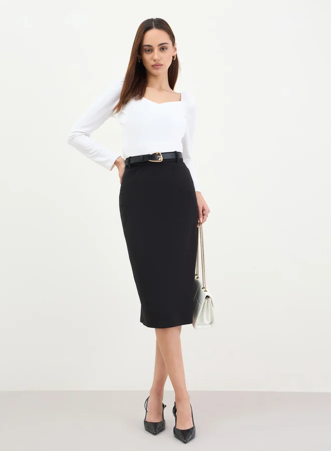 Black Pencil Midi Skirt with Back Slit