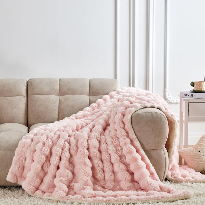 Serenhom 50x60 Inches Ultra-Soft Fuzzy Faux Fur Plush Throw Blanket - Thick, Warm Sherpa for Couch, Sofa, Bedroom, Camping - Decorative Blanket for Cozy Warmth, Bubble Pink - Image 2