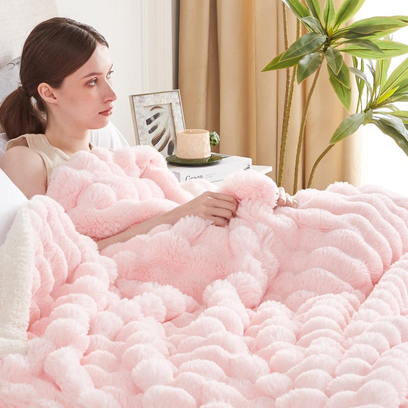 Serenhom 50x60 Inches Ultra-Soft Fuzzy Faux Fur Plush Throw Blanket - Thick, Warm Sherpa for Couch, Sofa, Bedroom, Camping - Decorative Blanket for Cozy Warmth, Bubble Pink - Image 4