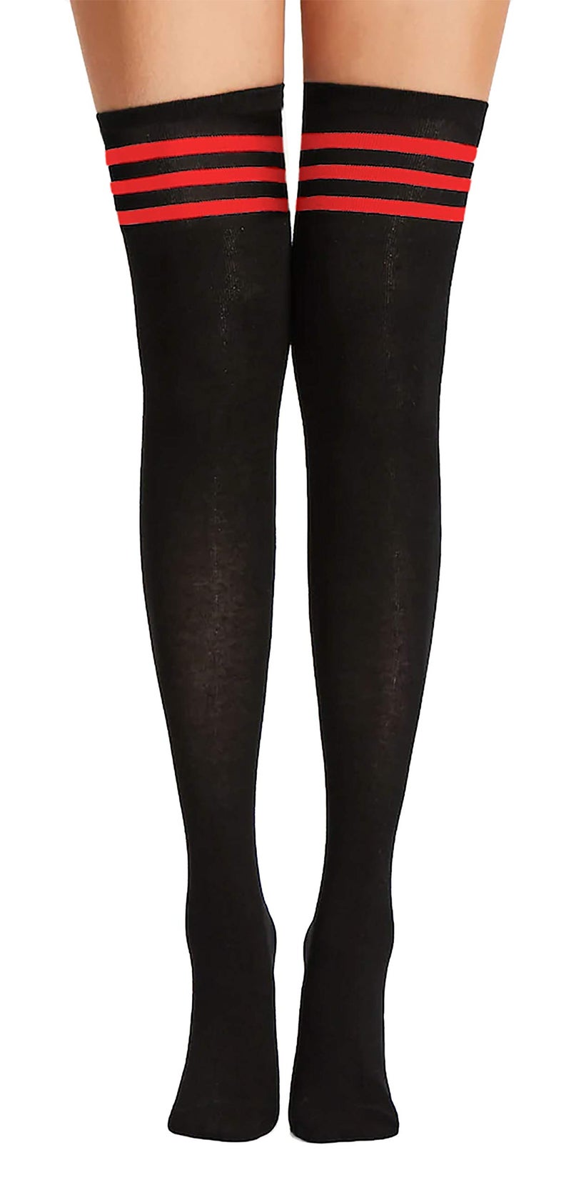 Xs and Os Women's Knee Length Cotton Lycra Socks (SOCKS_X001_STRIP_KH1_Black & Red_Free Size) - Image 1