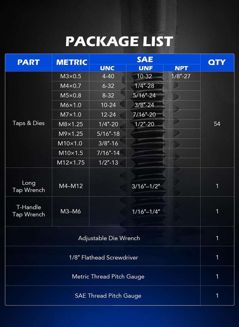 لوبيتيز مجموعة القوالب والغرز بمقاسات SAE ومتري 60 قطعة، مجموعة أدوات القوالب والغرز من الفولاذ المطلئ بالتيتانيوم لتشكيل وتجديد الخيوط الداخلية والخارجية، لعمال المنازل والحرفيين لتشكيل الخيوط الداخلية والخارجية بمقاسات متري ومعياري. - Image 3