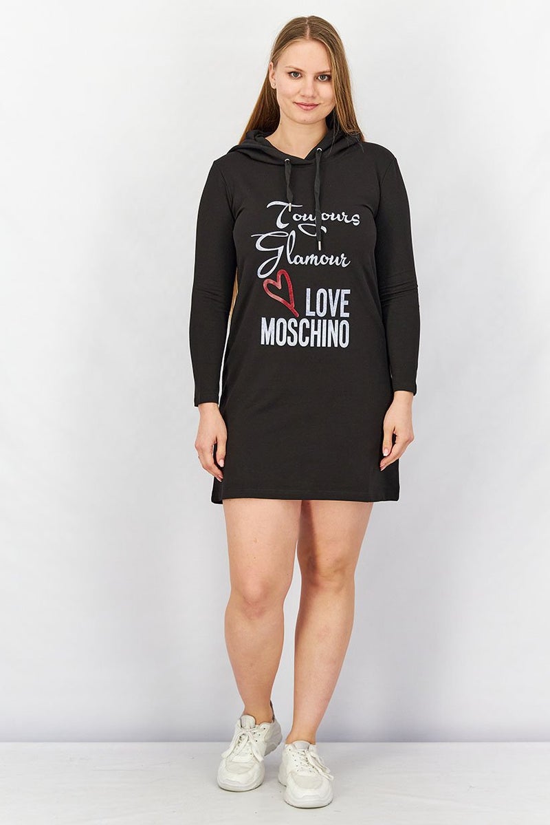 Love Moschino فستان سويت شيرت طويل الأكمام مزود بغطاء رأس للنساء، أسود - Image 4