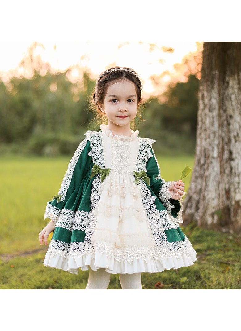 Loquat Girl's Velvet Lolita Fluffy Long Sleeve Dress White/Green  - Image 1