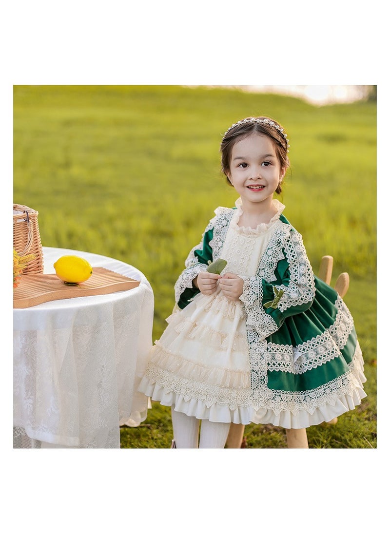Loquat Girl's Velvet Lolita Fluffy Long Sleeve Dress White/Green  - Image 2