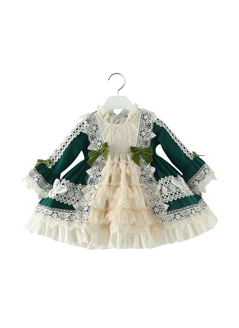 Loquat Girl's Velvet Lolita Fluffy Long Sleeve Dress White/Green  - Image 4