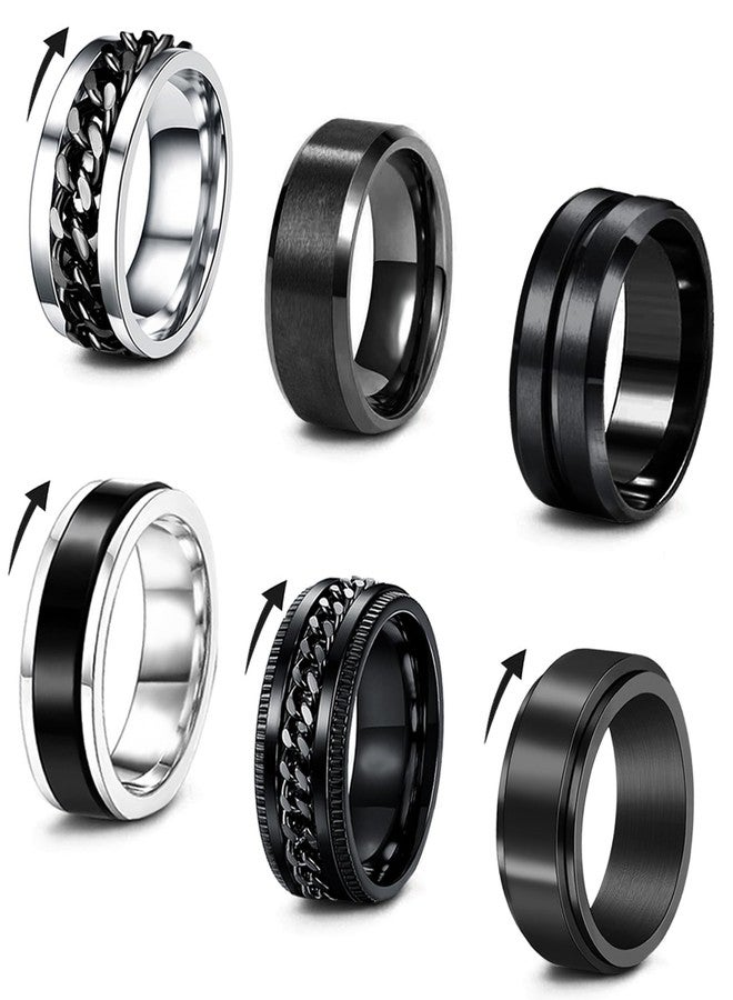 EIELO 6Pcs Stainless Steel Band Rings for Men Women Cool Fidget Spinning Chain Ring Anxiety Relief Fashion Simple Wedding Engagement Black Ring Set Size10 - Image 1