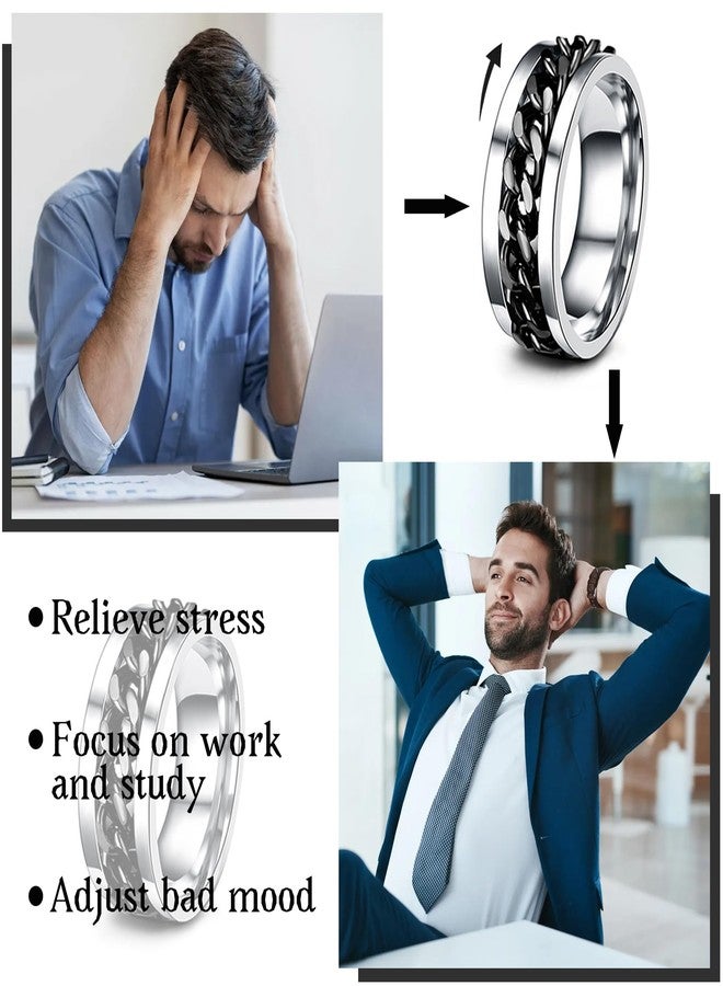 EIELO 6Pcs Stainless Steel Band Rings for Men Women Cool Fidget Spinning Chain Ring Anxiety Relief Fashion Simple Wedding Engagement Black Ring Set Size10 - Image 5